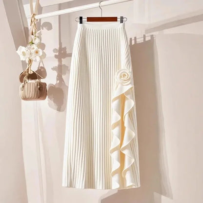 Spring Autumn Winter Elegant Irregular Pleated Skirt for Women Elastic A-line High Waist Midi Skirt White Black Flower Skirts