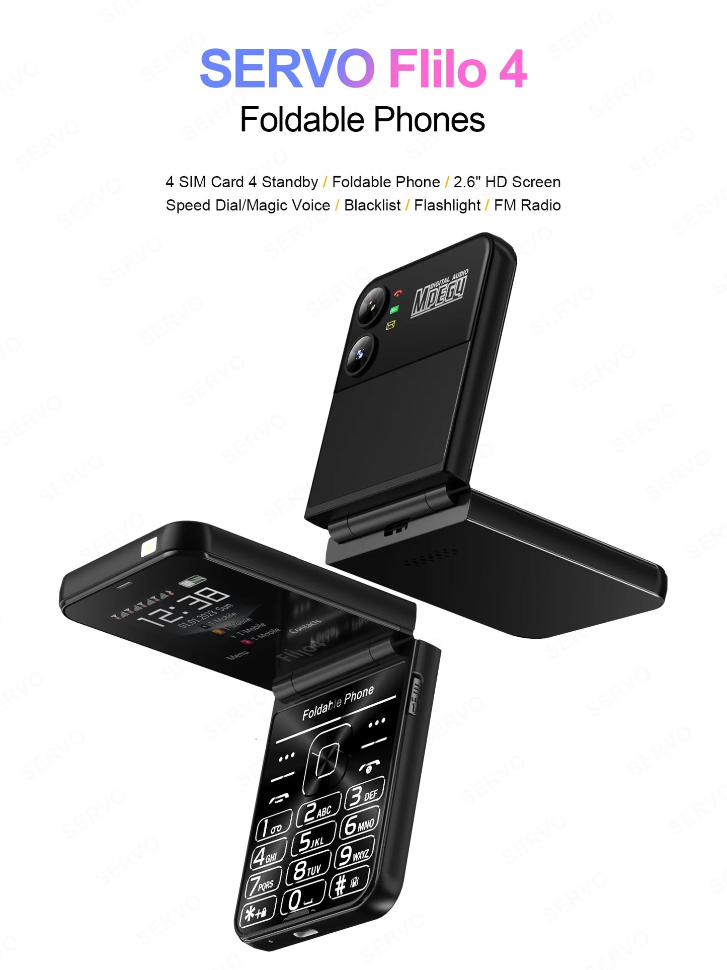 SERVO 4 SIM Fashionable Flip Cellular Phone Speed Dial Flashlight Magic Voice FM Radio 2G GSM Foldable Mobile Phone Type-C 2.6"
