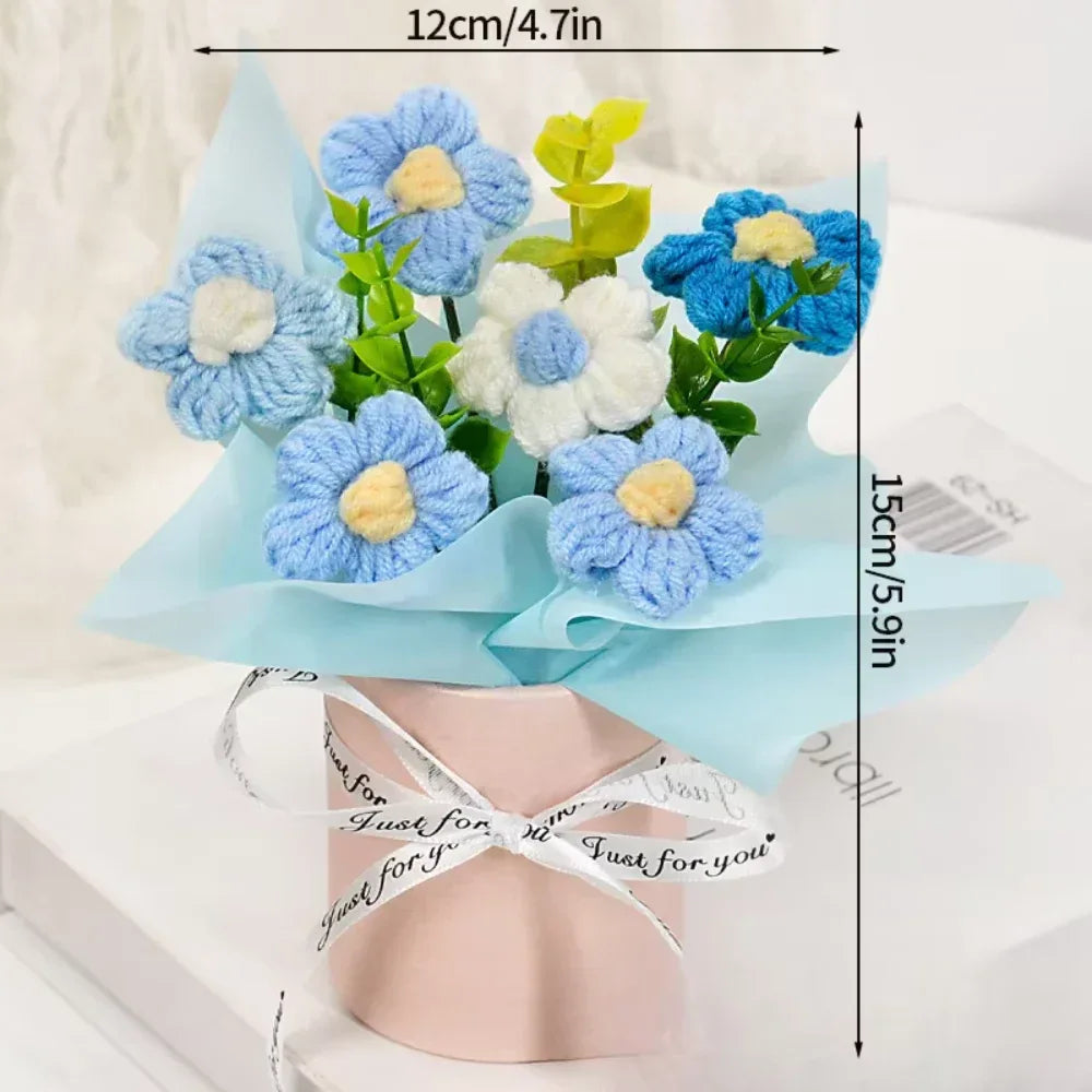 DTCTK Knitted Flower Bouquet Crochet Rose Flowers Hugging Bucket Christmas Gifts Living Room Desk Decoration Valentine's Day Gif
