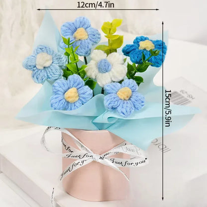 DTCTK Knitted Flower Bouquet Crochet Rose Flowers Hugging Bucket Christmas Gifts Living Room Desk Decoration Valentine's Day Gif