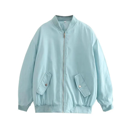 Retro Solid Zipper Cotton Jackets Women Casual Loose Bomber Jacket With Oblique Pockets Female Y2k Autumn Chic Street Outwear