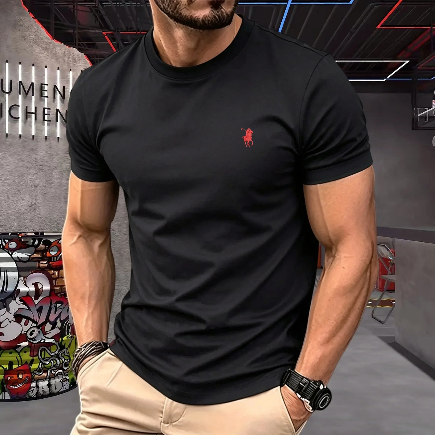 100% pure cotton 2026 high-end brand men's short sleeved round neck top summer fashion luxury pony embroidery top sports T-shirt