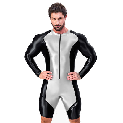 AMORESY Atticus Series Men Glossy Smooth Patchwork High Stretch Long Sleeve Knee Length Tracksuit Jumpsuit Bodysuit Fitness Gym