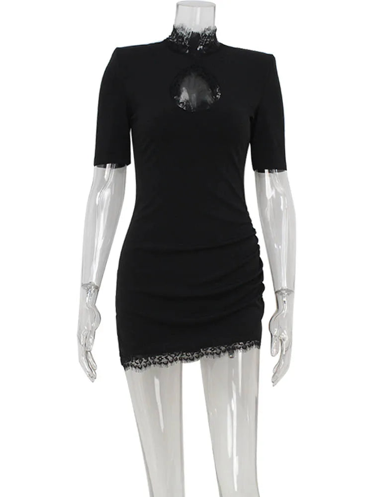 Ahagaga Sexy Sheath Women's Mini Dresses Solid Lace Turtleneck Slim Fit Bodycon Hollow Out Half Sleeves Streetwear Vestidos Robe