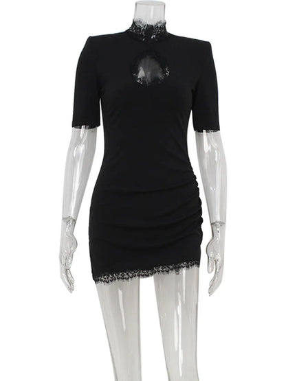 Ahagaga Sexy Sheath Women's Mini Dresses Solid Lace Turtleneck Slim Fit Bodycon Hollow Out Half Sleeves Streetwear Vestidos Robe