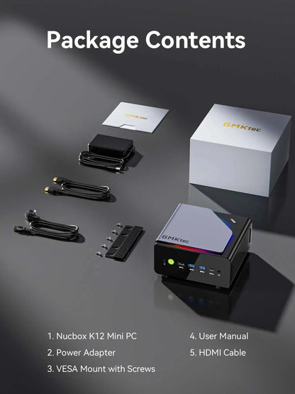 GMKtec K12 Mini PC AMD Ryzen 7 H 255 Windows 11 Pro DDR5 5600Mhz PCie3.0 NVMe SSD Wifi6E BT5.2 Quad Screen Display Oculink