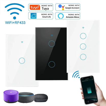 Tuya App US WiFi Smart Wall Switch 1/2/3/4 Gang No Neutral Wire Touch Sensor LED Light Switches Smart Home Alexa Google Home