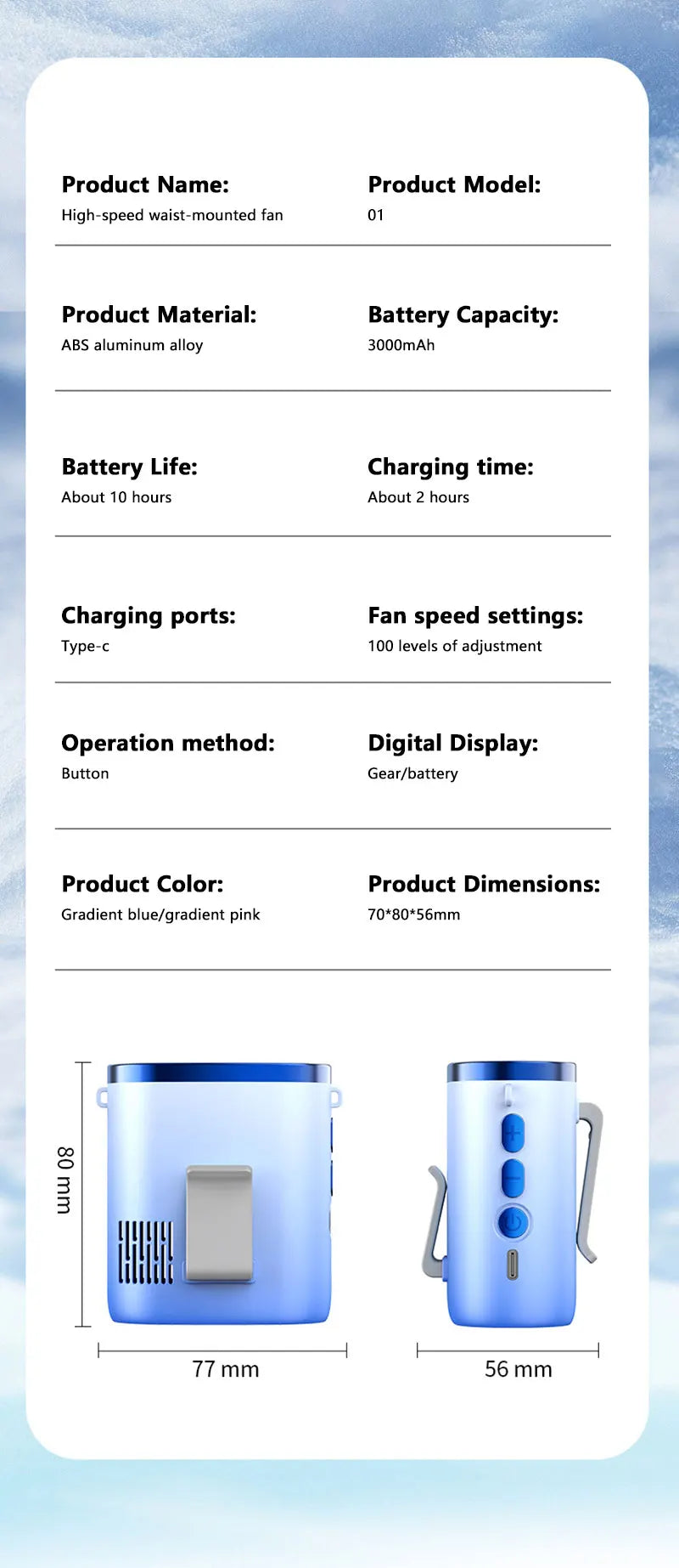 Lenovo Portable Waist Fan 100-Speed Strong Wind Rechargeable Neck Fan Quiet Long Battery Life Clip-on Fan for Outdoor Hiking