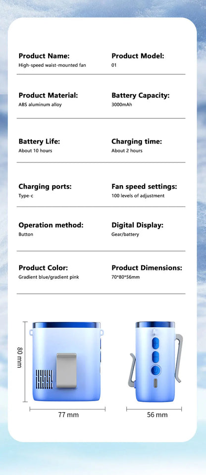 Lenovo Portable Waist Fan 100-Speed Strong Wind Rechargeable Neck Fan Quiet Long Battery Life Clip-on Fan for Outdoor Hiking
