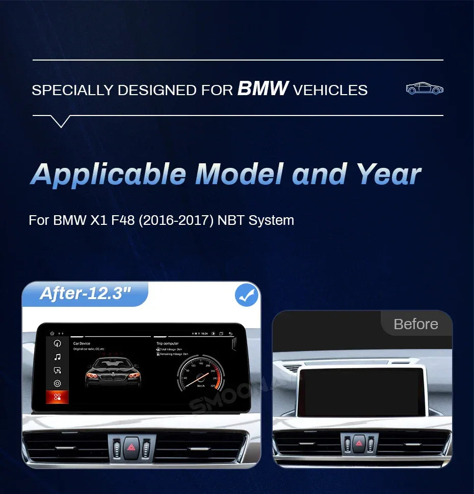 Wireless Carplay Android 12 12.3 Inch IPS 1920*720P Car Multimedia Player For BMW X1 F48 2016 2017 NBT System 4G Wifi Navigation
