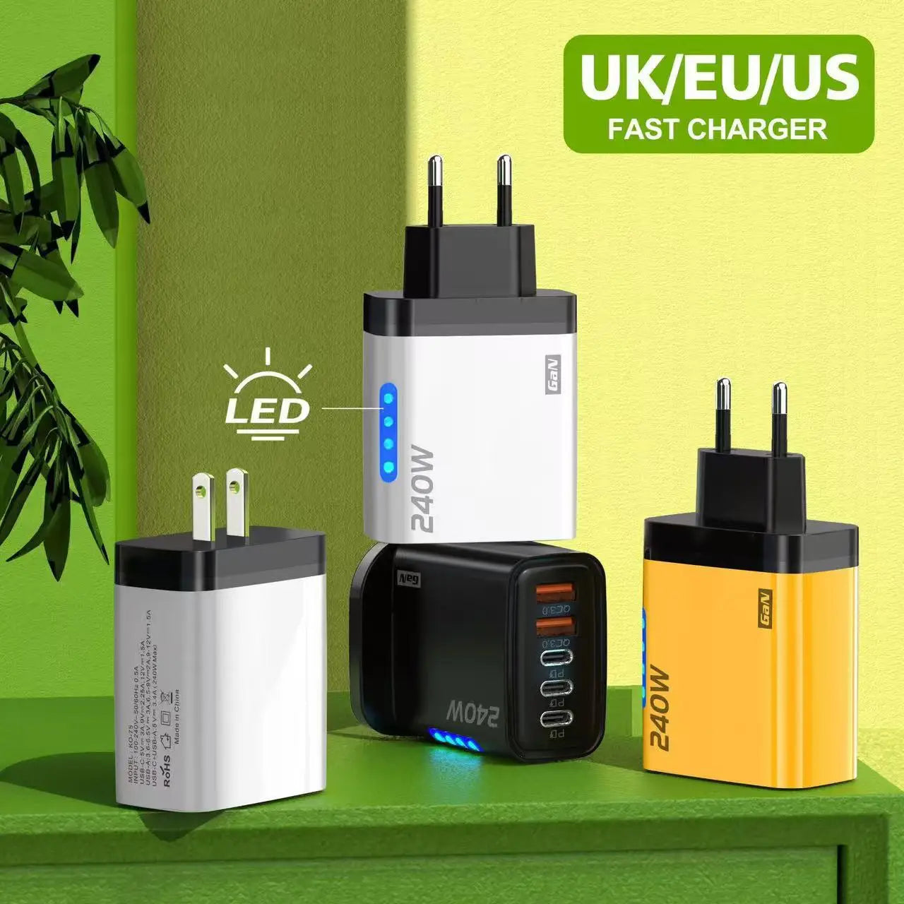 240W GaN Fast Charger 3 USB-C 2 USB-A Ports PD QC3.0 for iPhone 17 16 Galaxy S25 S24 Xiaomi 16 15 Huawei Mate 70 60 Oppo Vivo