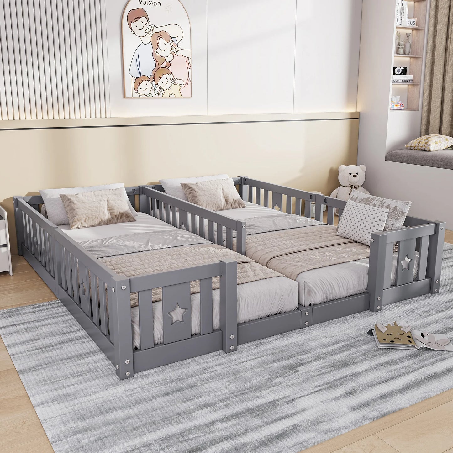 Rosahqnda Children's Bed Floor Bed 90x200cm with Railing Gate,Pine Wooden Bed for Families with 2 Children,Children's Twin Bed