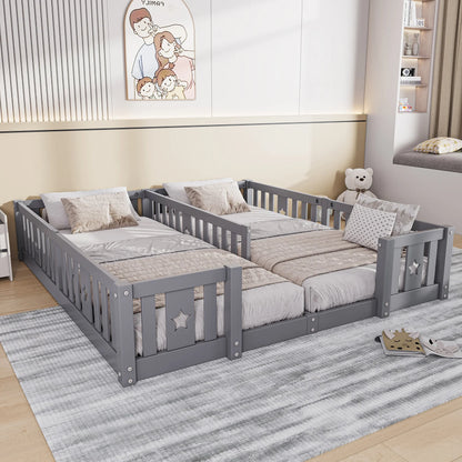 Rosahqnda Children's Bed Floor Bed 90x200cm with Railing Gate,Pine Wooden Bed for Families with 2 Children,Children's Twin Bed
