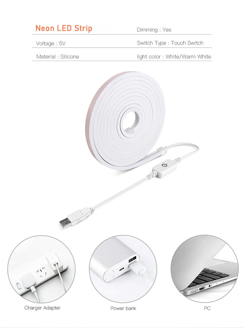 5V USB Neon Lamp Dimmable Waterproof Flexible Tape Touch Sensor LED Neon Sign Light Strip Bedroom Backlight DIY Decor