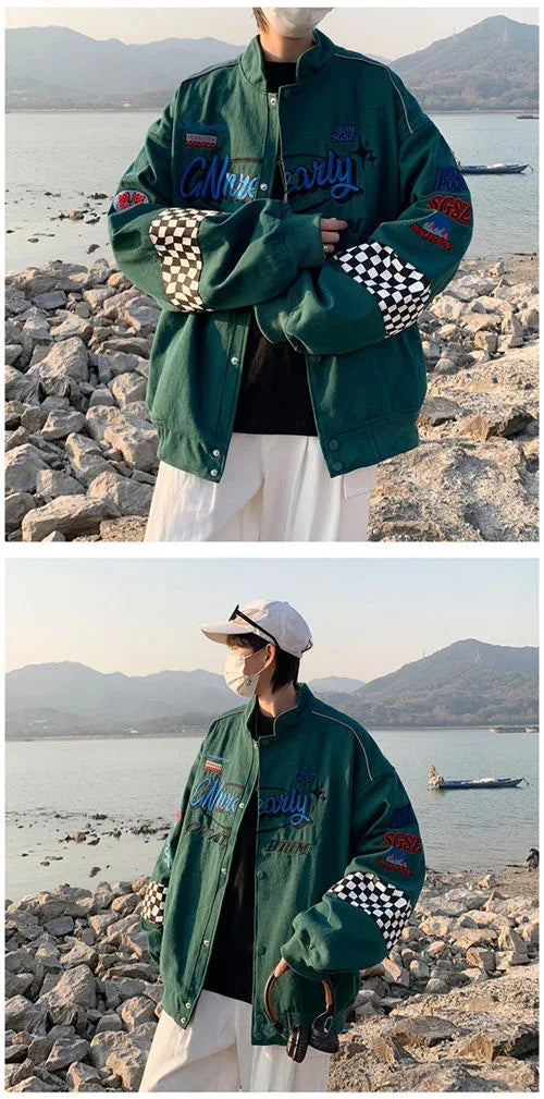Embroidery Fashion Streetwear Racer Jackets Men Women Y2K HipHop Motorcycle Plaid Vintage Bomber Harajuku Autumn Jackets Coat