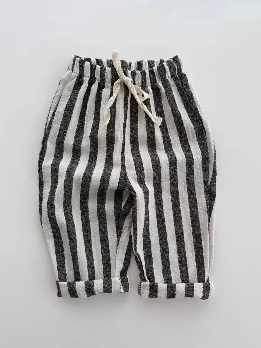 K230124 Unisex Baby Boys Girls Elastic Waist Striped Casual Pants Korean Style Infant Toddler Summer Trousers