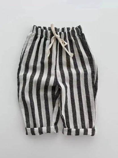 K230124 Unisex Baby Boys Girls Elastic Waist Striped Casual Pants Korean Style Infant Toddler Summer Trousers
