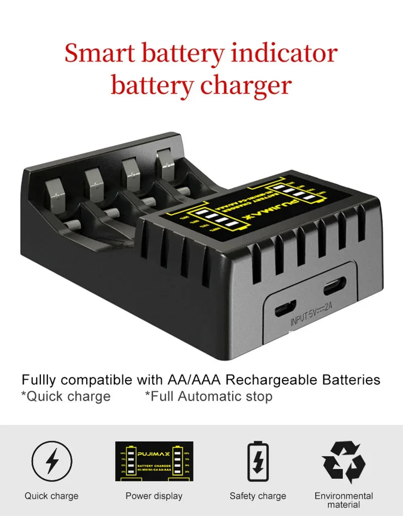 4 Slots Battery Charger Intelligent Fast USB Charger for AAA/AA Rechargeable Ni-MH/Ni-Cd Batteries with LED Indicator Charger