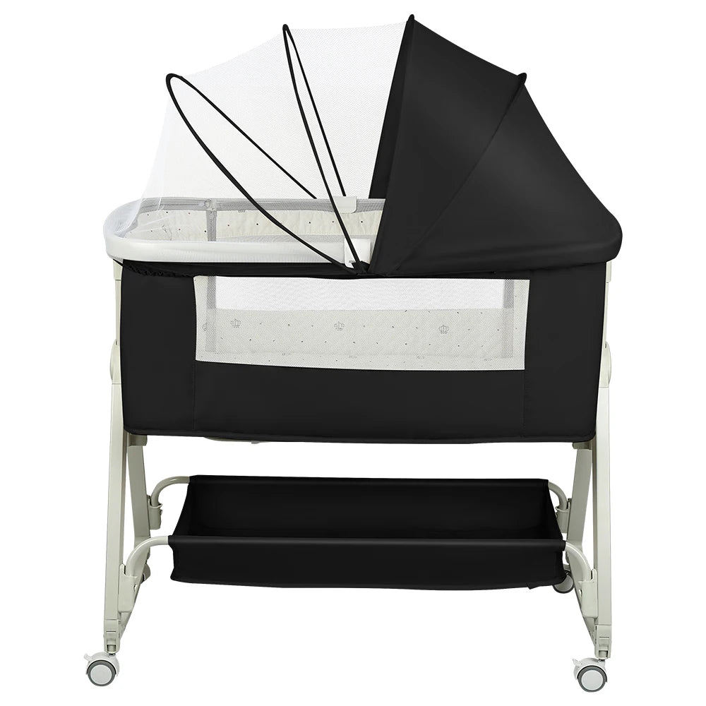 4-in-1 Baby Co-Sleeping Crib, Adjustable to 6 Positions, with Mattress, 15° Incline, Wheels with Brakes, Baby Crib 0-24 Months