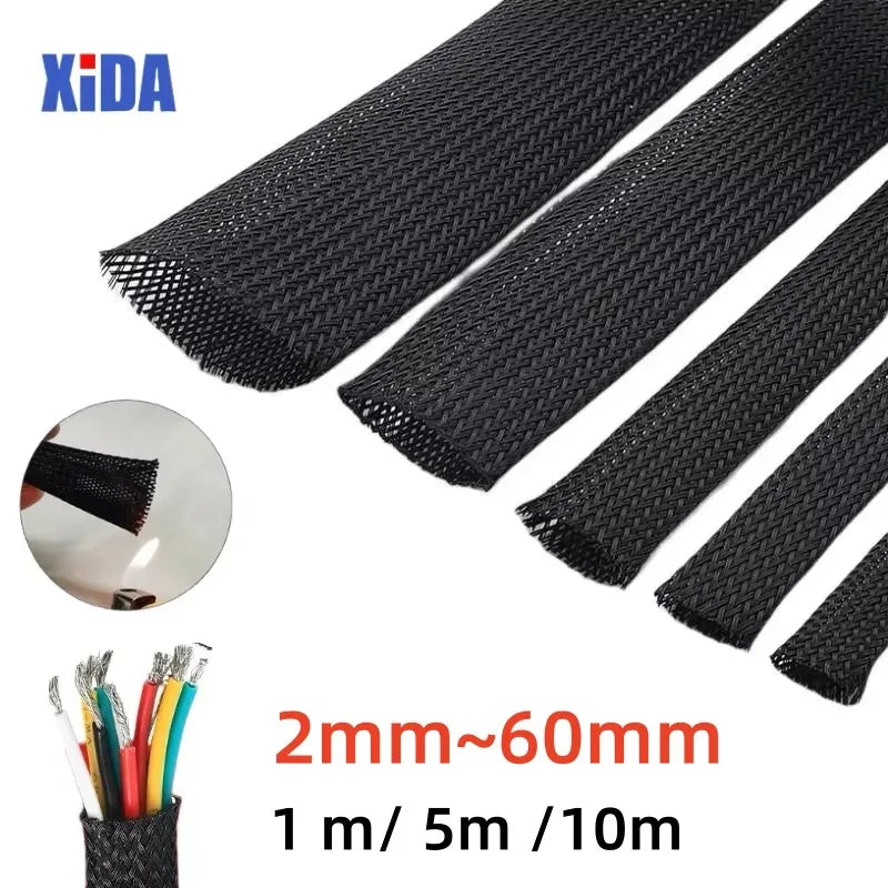 PET Black Cable Sleeve 6/8/10/14/20/30mm Insulated Braided Sleeving Data Line Protection Wire Cable Flame-Retardant Nylon Tube