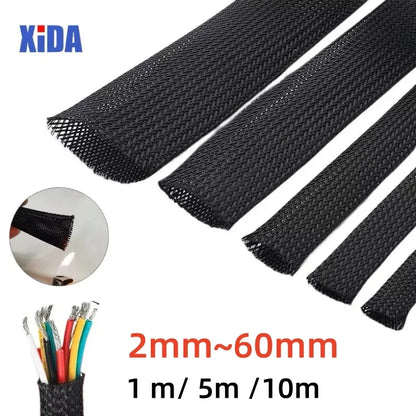 PET Black Cable Sleeve 6/8/10/14/20/30mm Insulated Braided Sleeving Data Line Protection Wire Cable Flame-Retardant Nylon Tube