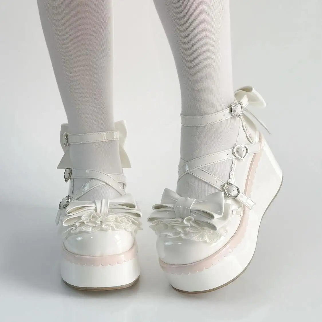 Sweet Lolita Style Girls Flat Platform ,Female Students Cute Bowknots Mary Jane Ankle Strap Elevator Shoes