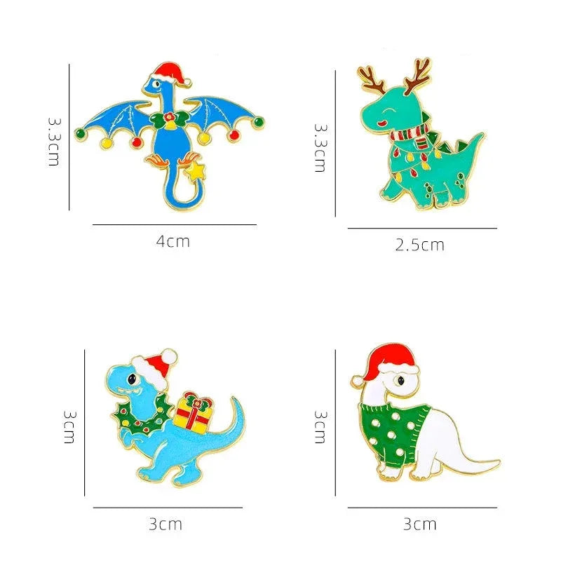 4pcs Cute Cartoon Dinosaur Enamel Brooch Creative Christmas Day Holiday Gift Lapel Pin Badge Backpack Clothing Hat Accessories