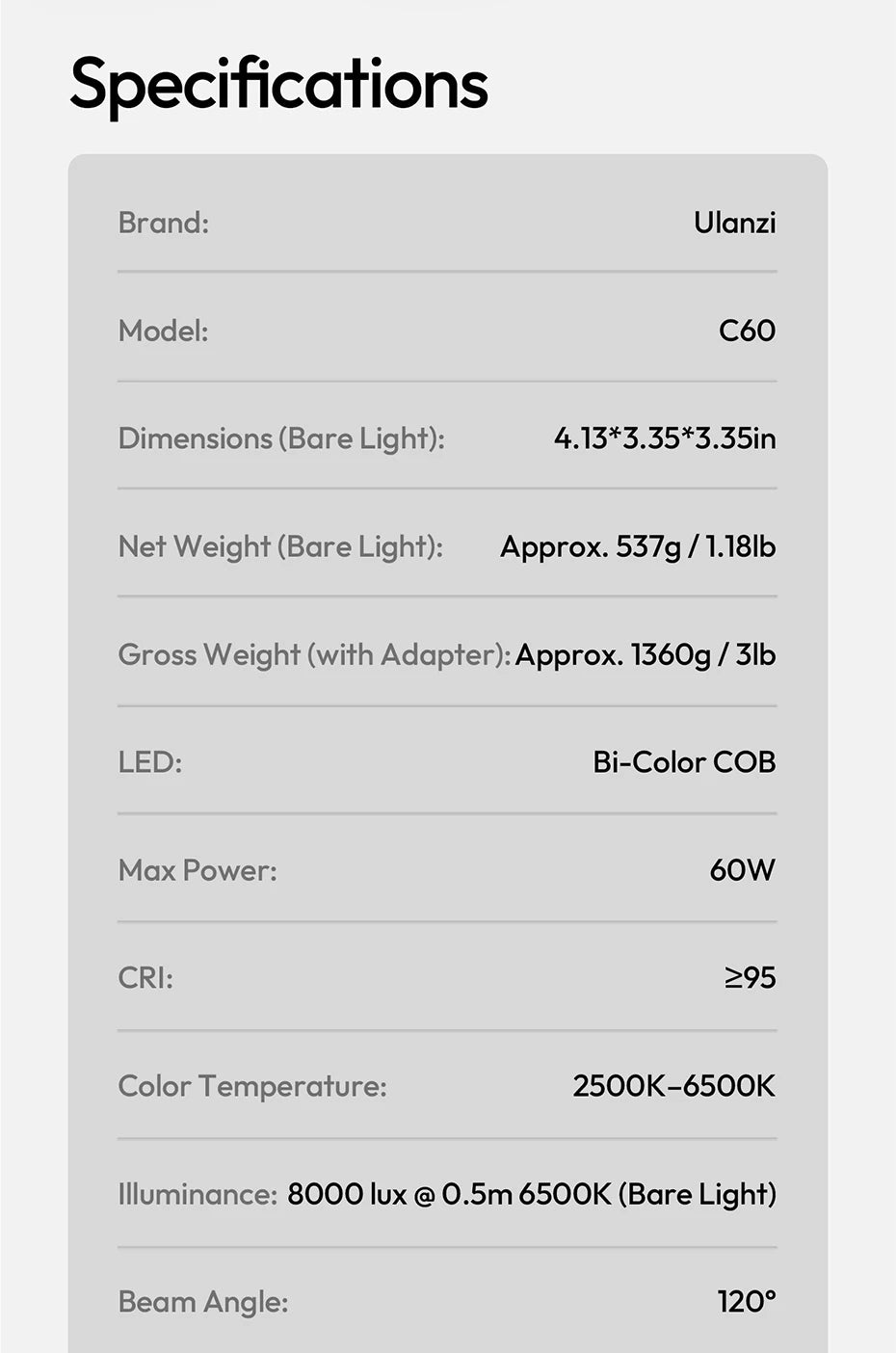 Ulanzi C60 60W COB Video Light Bi-Color Led Light 2500-6500K 3300mAh Mini Bowens Mount for Photography Studio Lighting Live Vlog