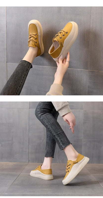 Koznoy 3.5cm Cow Genuine Leather Women Flats Fall Vulcanize Chunky Sneaker Loafer High Brand Platform Slippers Autumn Shoes
