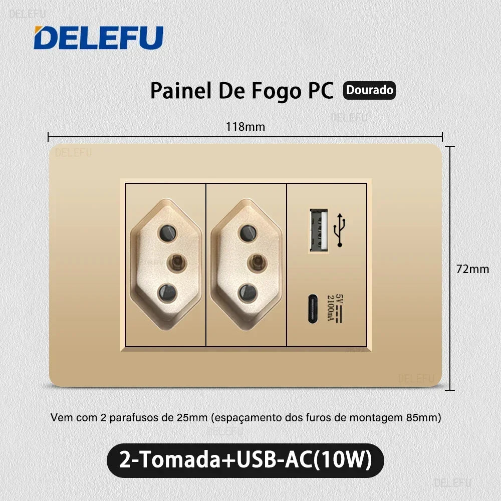 DELEFU Brazil Standard 10A 20A Gold Fireproof PC Panel Dual USB Type C Home Wall Light Switch Safe Power Socket