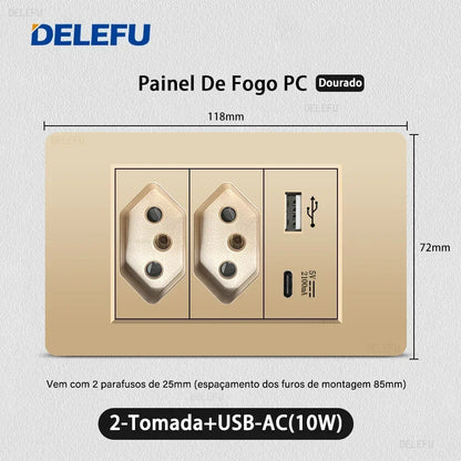 DELEFU Brazil Standard 10A 20A Gold Fireproof PC Panel Dual USB Type C Home Wall Light Switch Safe Power Socket
