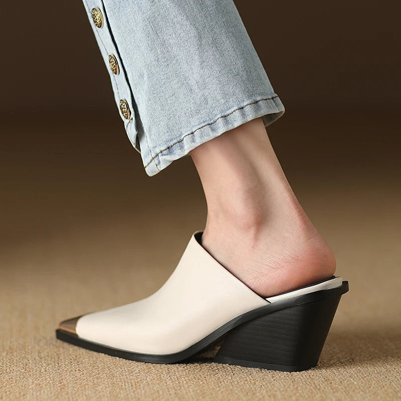 2025 New Ladies Genuine Leather Metal Head Mules Fashion Med Chunky Heels Summer Wedges Slippers Women Casual Office Shoes Woman