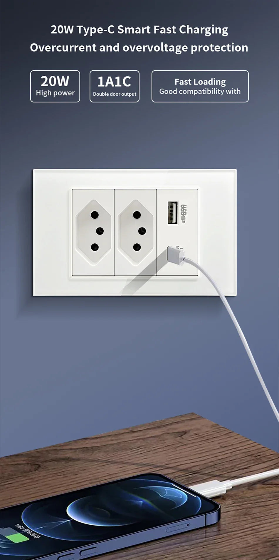DELEFU 4*2 White Tempered Glass Brazil Standard Outlet with Double USB Type C Wall Power Socket Smart Switch Tuya Wifi 10A 20A
