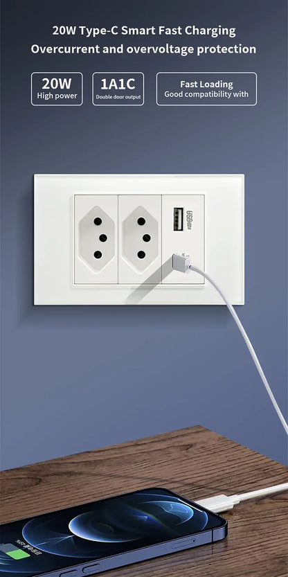DELEFU 4*2 White Tempered Glass Brazil Standard Outlet with Double USB Type C Wall Power Socket Smart Switch Tuya Wifi 10A 20A