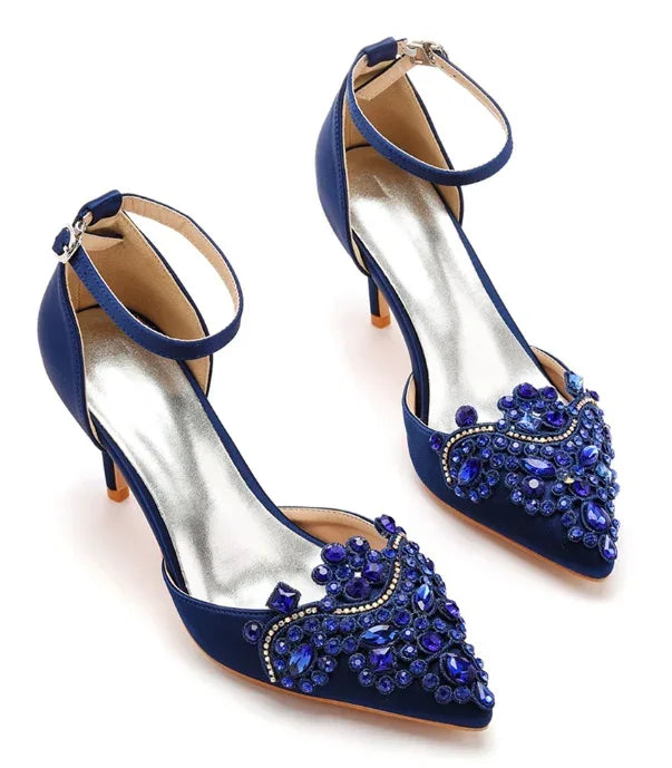 XIHAHA Woman High Heels New Pointed Artificial Diamond Metal Buckle Party Carnival Women's Shoe Satin Girls Banquet Dance Shoes