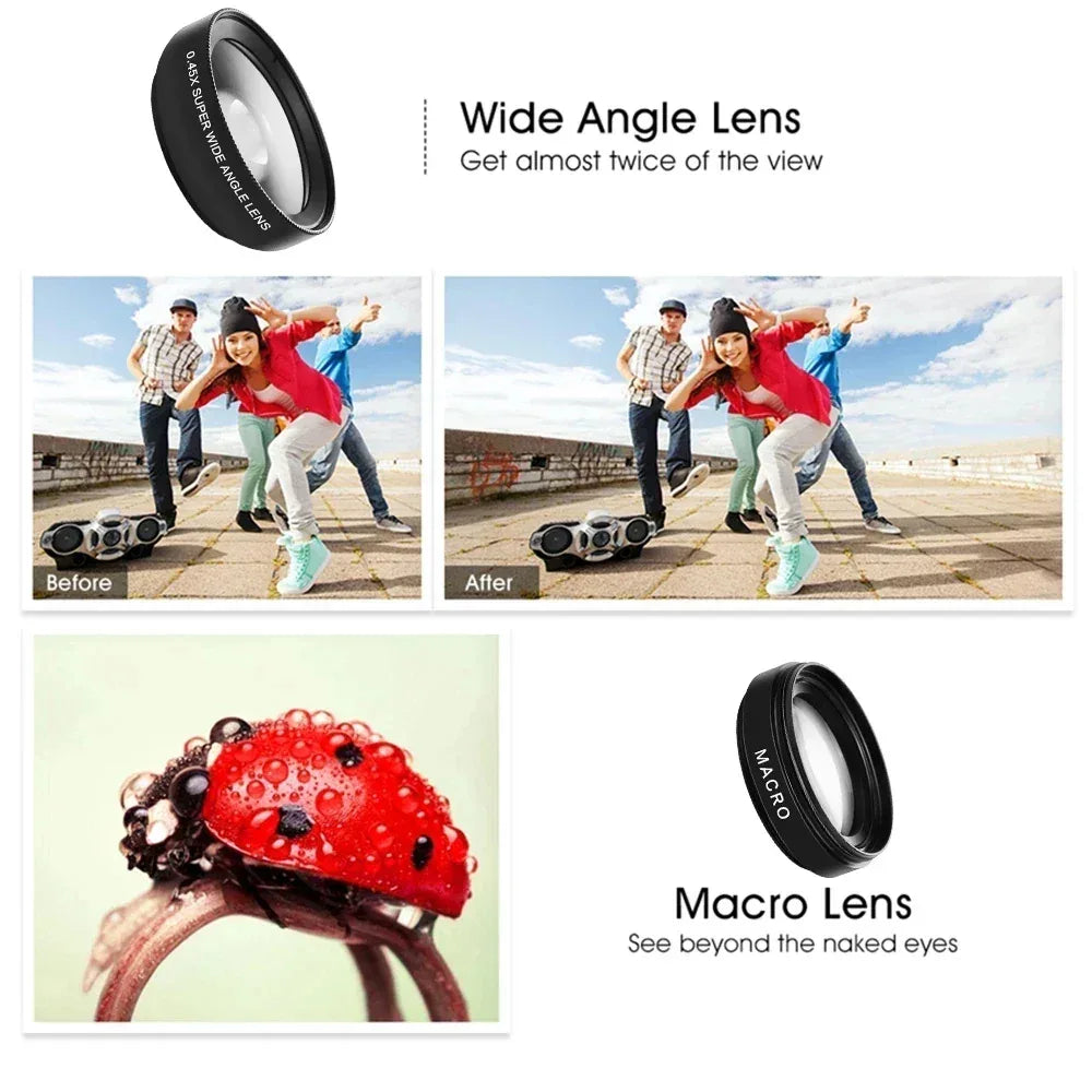 Professional 2 in 1 Lens Universal Clip 37mm Cell Phone Lens 0.45x 49uv Super Wide Angle + Macro HD Lens for All Smartphones