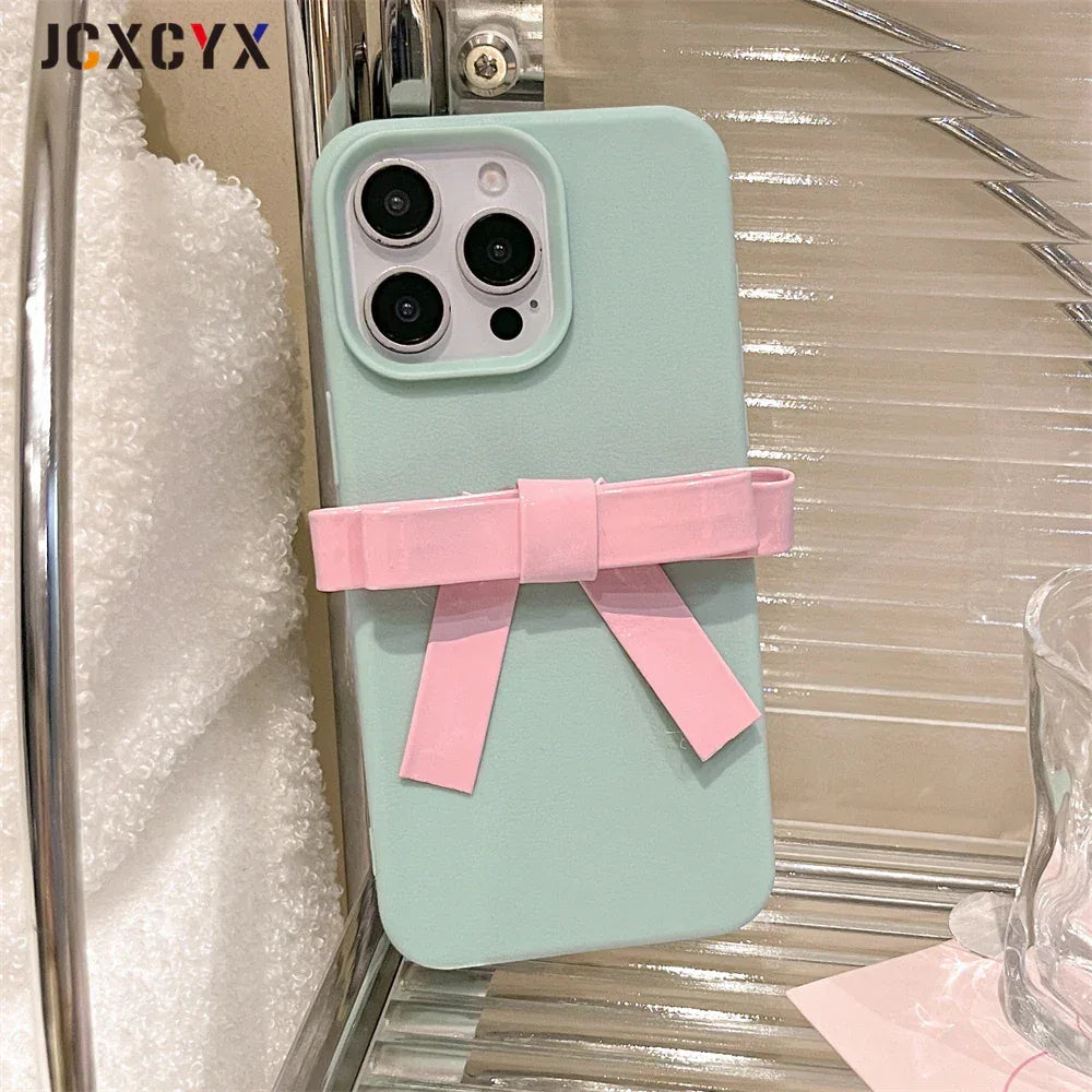 Korean Cute 3D Bowknot Lychee Leather Pattern TPU Phone Case For iphone 16 15 14 13 12 11 Pro Max 14 15 16 Plus Kawaii Cover