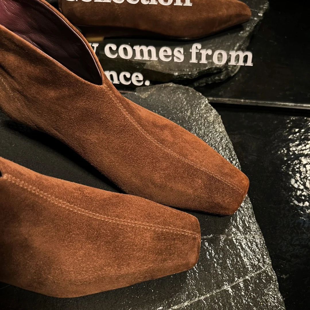 Women's natural suede leather pointed toe back zip kitten heel autumn ankle boots elegant ladies short booties shoes for woman