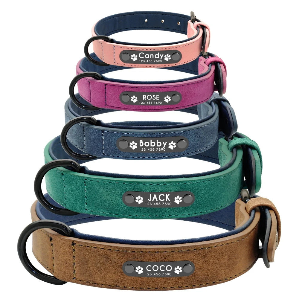 Personalized  PU Leather Dog Collar Soft Padded Pet Dog Collars Engraved Name Paw Durable Necklace for Small Medium Large Dogs