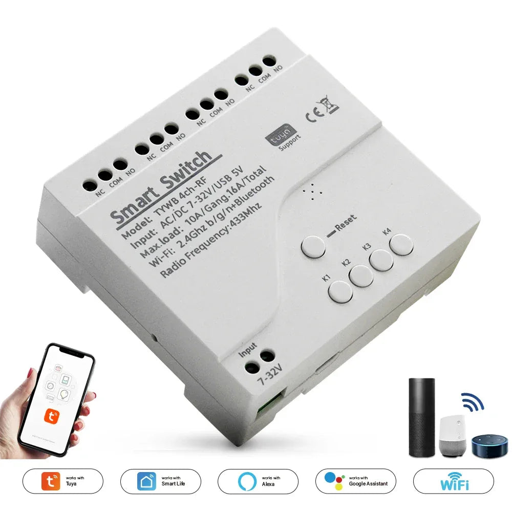 Tuya Smart Home 4CH Relay Module AC/DC 7-32V AC 220V 10A Wifi Switch 4 Channels RF433 Receiver Work With Vioce Alexa Google Home