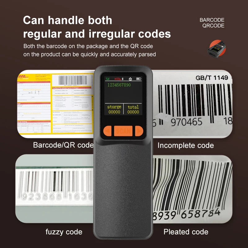 Portable Wireless Barcode Scanner Bluetooth 2D QR 1D Bar Code Scanner With LCD Display For Smart Phone,Computer& POS