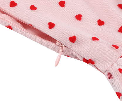 Knot Strap Strawberry Patchwork Vintage Dress 2025 Heart Flocking Valentine's Day Dress Women Birthday Party Pleated Mesh Dress