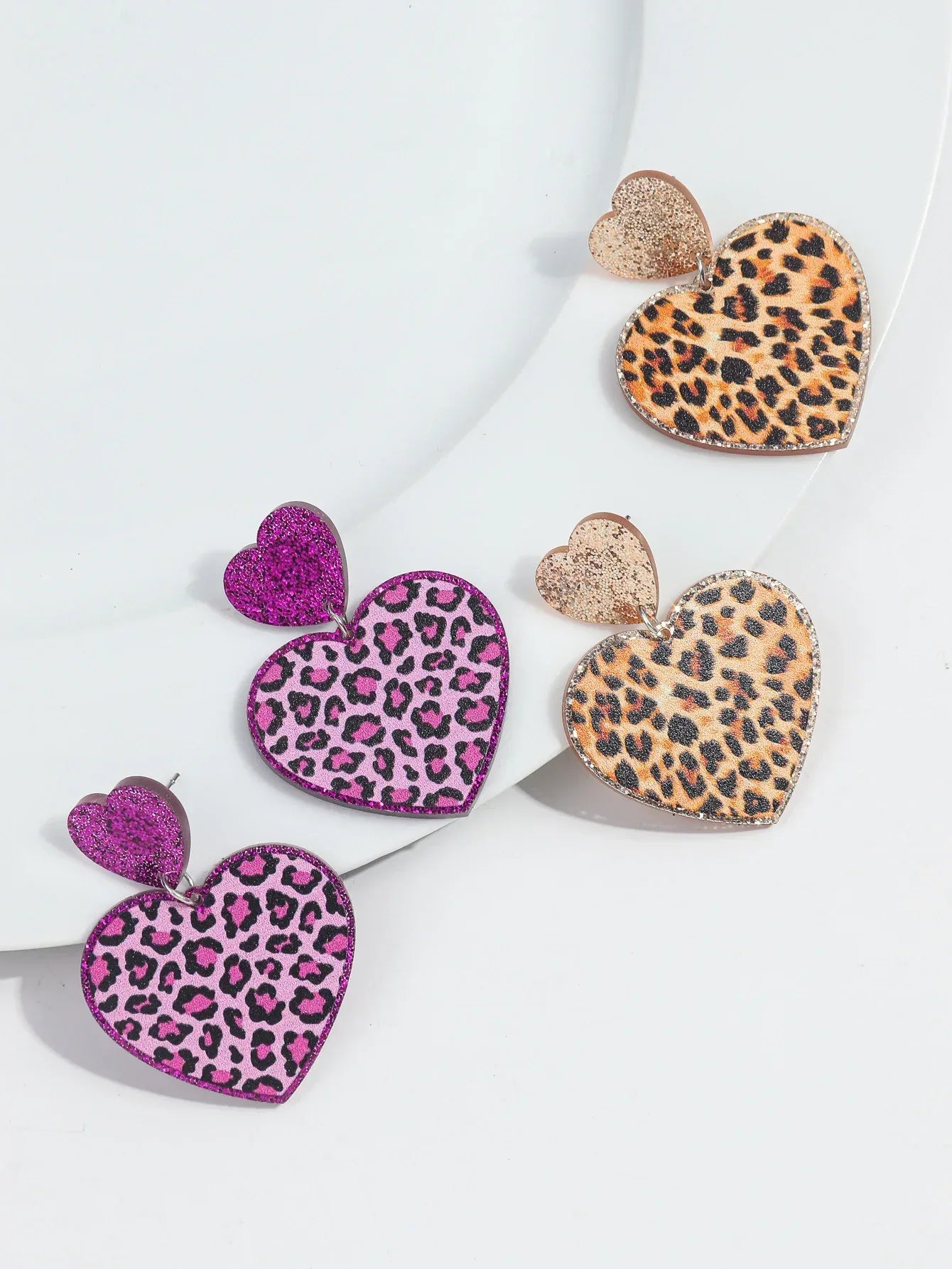 New Purple Glitter Leopard Heart Acrylic Dangle Earrings for Women Trendy Love Hanging Earring Jewelry Valentine's Day Gifts