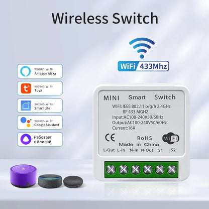 16A Mini Tuya Smart WiFi Switch RF433MHz Home Automation Breaker Voice Control With Alexa Google Home 100-240V 20A 2 Way Control
