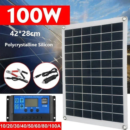 18V Solar Panel 100W + Dual USB Waterproof Outdoor Hiking Camping Portable Battery Mobile Phone Charging Bank Chargings Panels