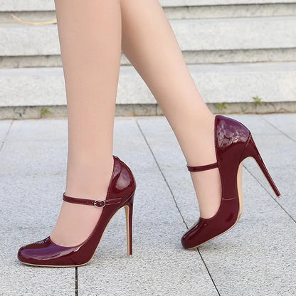 Women Patent Leather High Thin Heel Shoes Ankle Strap Women Pumps for Office Nightclub Party Wedding Cross Dressing Wide Shoes