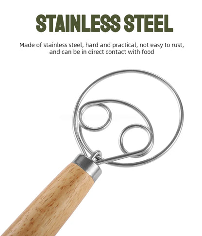 304 Stainless Steel Dough Whisk with Smooth Wooden Handle Sourdough & Bread Mixing 13 Inch Danish Dough Whisk Bread Tools