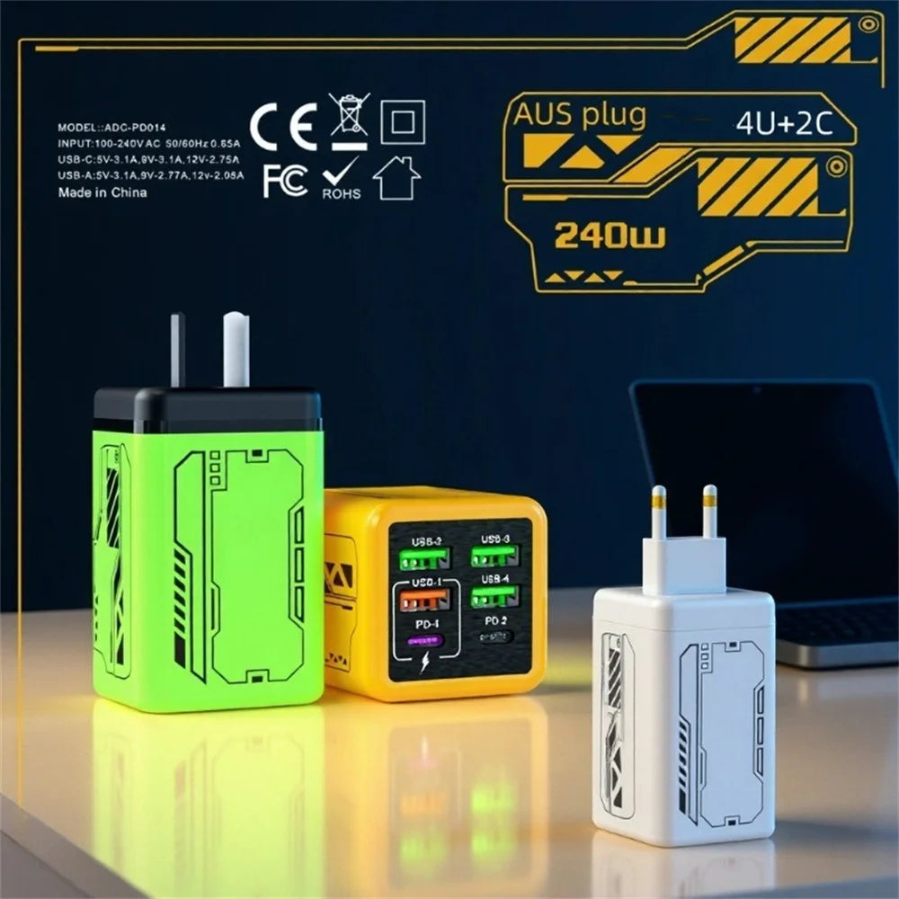 240W 6 in 1 USB C Charger Fast Charging PD3.0 QC3.0 Mobile Phone Travel Wall Adapter for iPhone17 Samsung Xiaomi Huawei EU UK US
