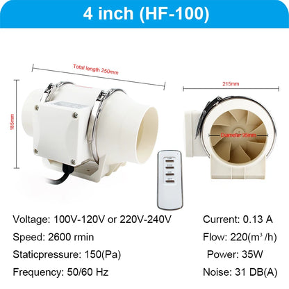 4/5/6/8 Inch Remote Control Exhaust Fan Silent Inline Pipe Duct Fan Extractor Air Ventilation Blower Kitchen Toilet Wall Booster