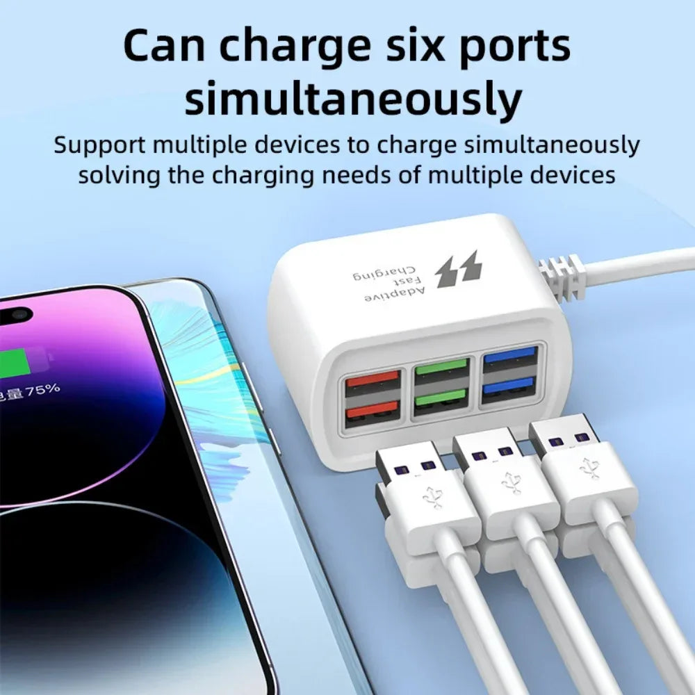Fast USB Charger 6 in 1 Power Strip Desktop Charging Station Fast Charging 1m Cord USB HUB Adapter Socket for iPhone 16 15 Home